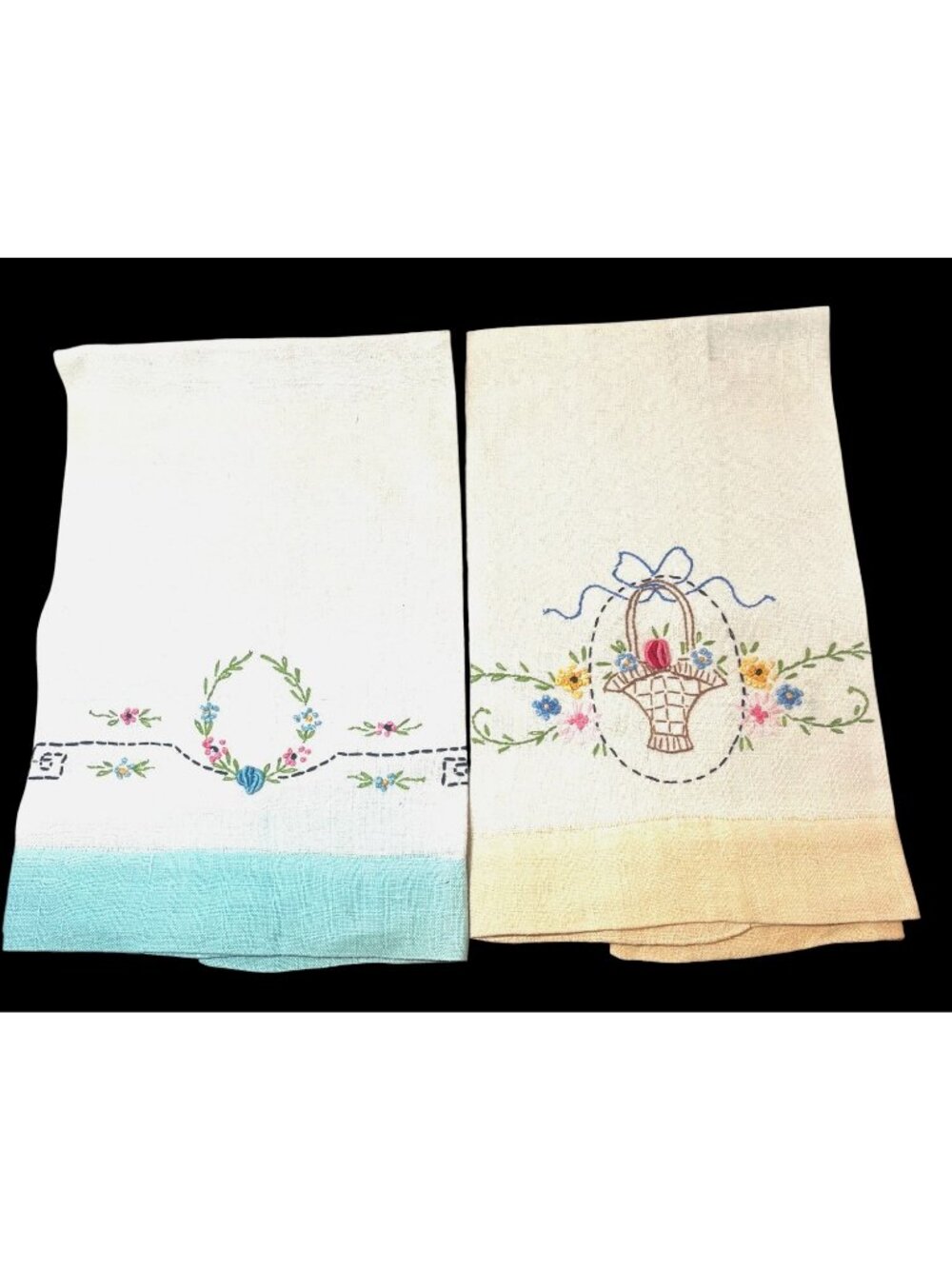 Vintage Hand-Embroidered Linen Kitchen Towels With Floral & Basket Designs Set O